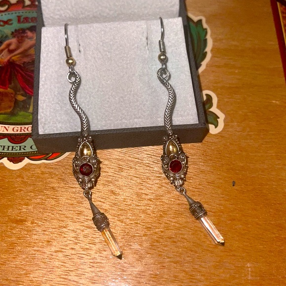 Sterling Silver, Gold, Garnet with a dangling Crystal, Snake Earrings.! - Picture 6 of 7